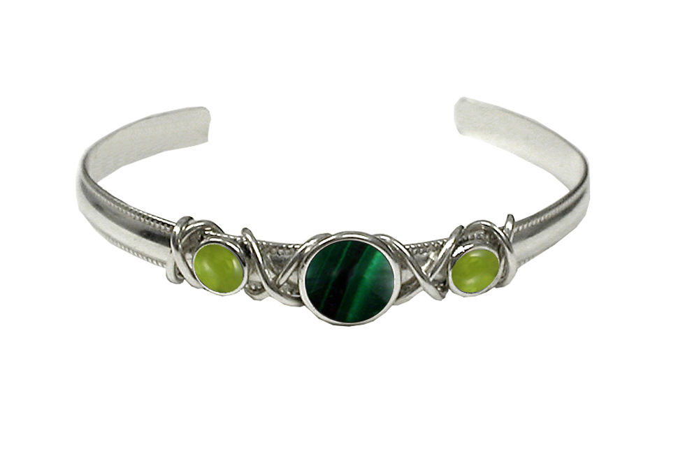 Sterling Silver Hand Made Cuff Bracelet With Malachite And Peridot